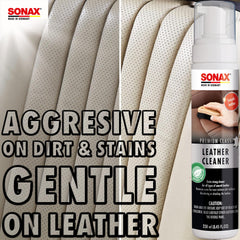 SONAX cleaner in use on car seat removing stains and preserving leather benefit
