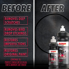 SONAX CutMax cream texture close-up highlighting smooth, dust-free formula