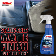 SONAX being applied to a car dashboard for low-glare clean finish