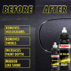 SONAX EX 04-06 applied with DA polisher showing efficient defect removal