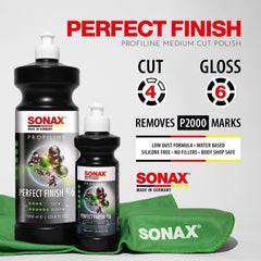 SONAX Perfect Finish pouring from bottle onto applicator for controlled dispensing