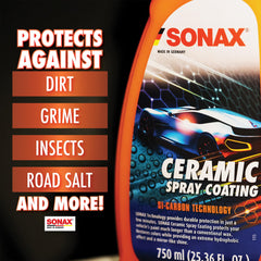 SONAX spray action on car panel demonstrating quick spray-and-wipe application benefit
