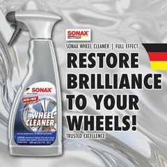 SONAX wheel before and after comparison highlighting restored shine and removed brake dust