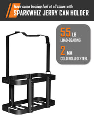 SPARKWHIZ jerry can mounted on a vehicle rack showing secure transport and easy access