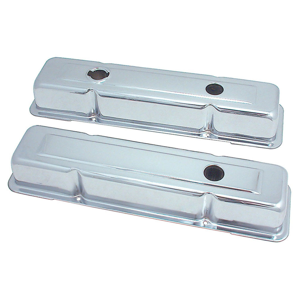 Spectre valve cover front view showing chrome finish and three-hole layout for clean engine appearance