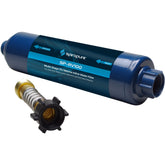 SpiroPure SP-RV100 front view showing compact inline filter and connections for easy installation