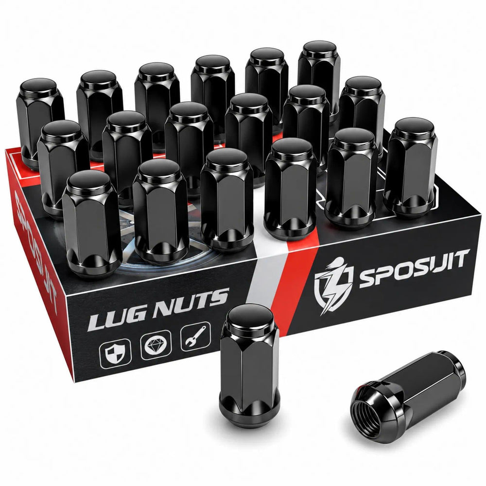 Sposuit front view of 20 black lug nuts showing uniform finish and pack benefit