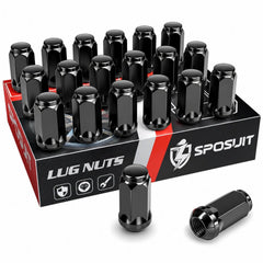 Sposuit front view of 20 black lug nuts showing uniform finish and pack benefit
