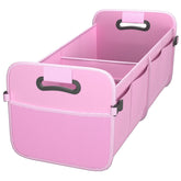 Sposuit front view of pink trunk organizer showing capacity and neat storage benefit