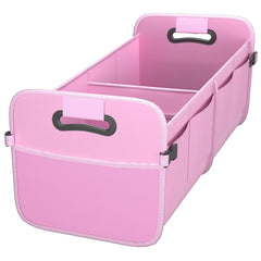 Sposuit front view of pink trunk organizer showing capacity and neat storage benefit