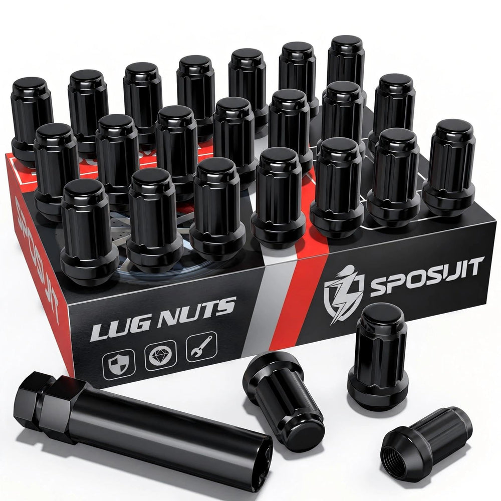 Sposuit front view of 24 black lug nuts showing complete set and socket for neat look