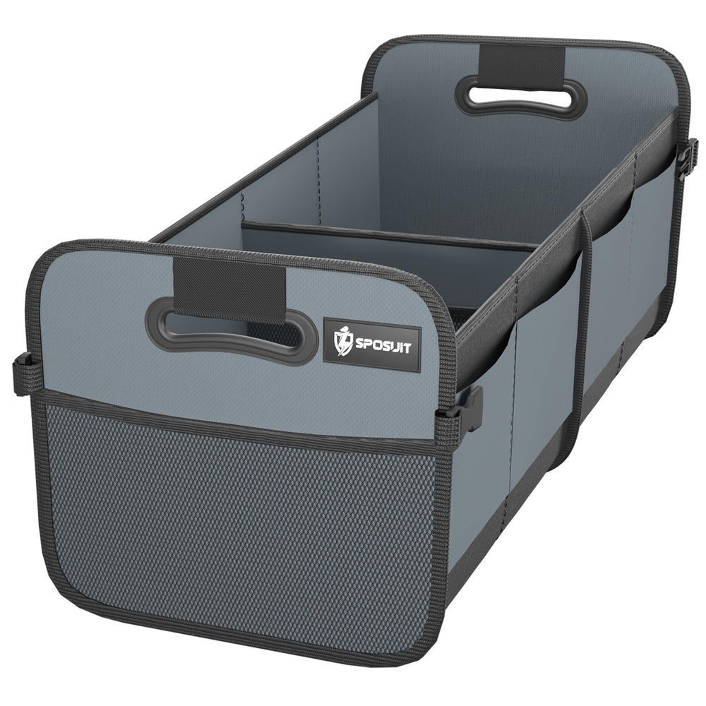 Sposuit front view of trunk organizer showing structured compartments and durable build benefit