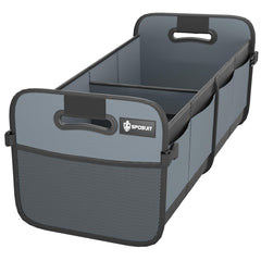 Sposuit front view of trunk organizer showing structured compartments and durable build benefit