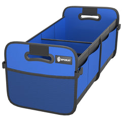 Sposuit trunk organizer front view showing sturdy frame and blue finish for organized storage