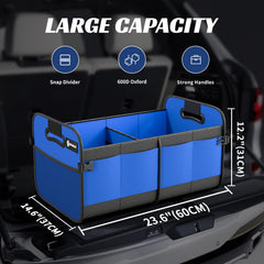 Sposuit trunk organizer open showing compartments and pockets for separating groceries and gear