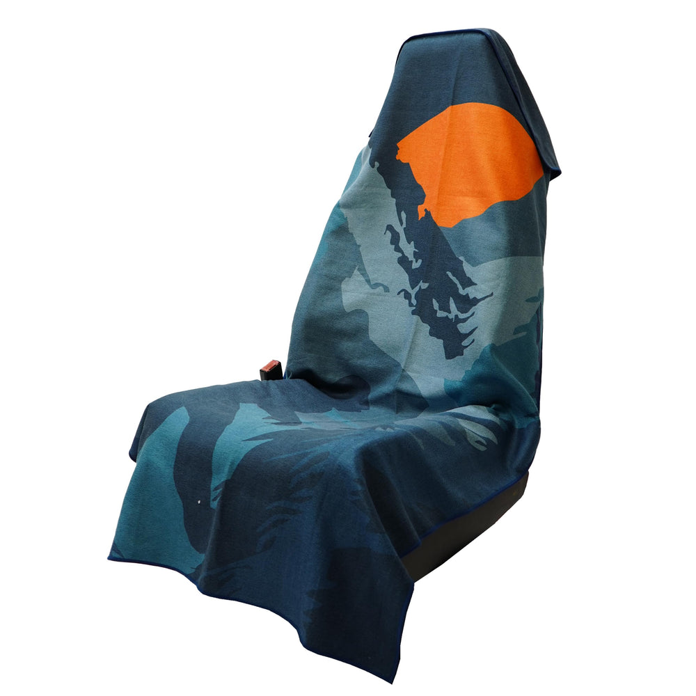Sprints Sasquatch Habitat towel front view showing full-size coverage and headrest pocket for seat protection