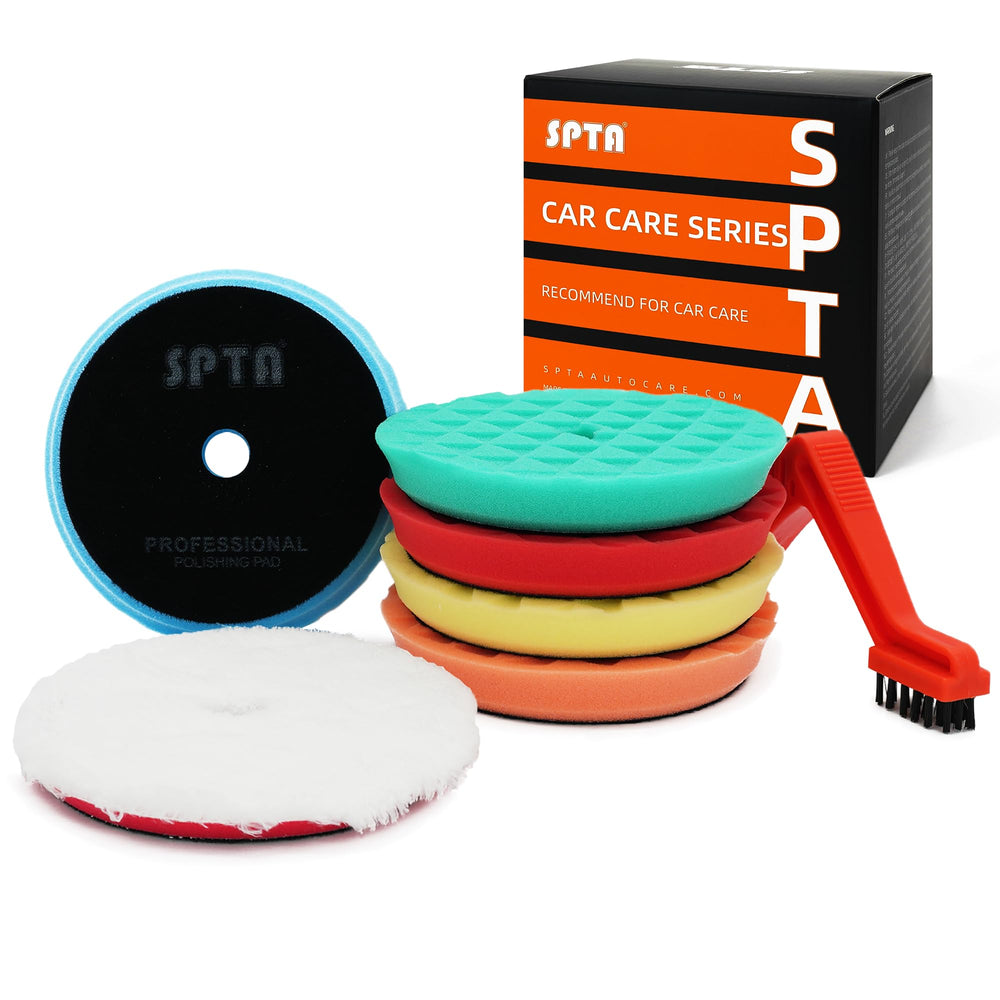SPTA front view of 5-inch polishing pad kit showing all pads and benefits