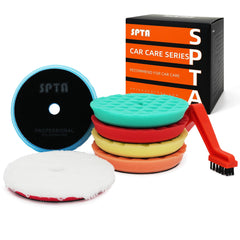 SPTA front view of 5-inch polishing pad kit showing all pads and benefits