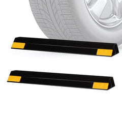 Stalwart front view of 2-pack parking stops showing product and package benefits
