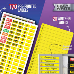 Steellabels three sheet layout displaying pre‑marked and writable circuit labels for organization