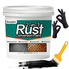 Sucyajied front label on 35 oz black rust converter showing product name and benefit