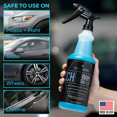suds.lab bottle spraying hydro-coat on wet car panel for easy application