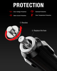 sumaxium plugged into vehicle socket powering a NOCO jump starter on road