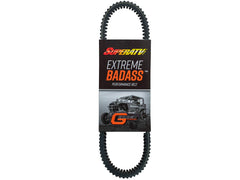 SuperATV CVT belt front packaging showing fitment and benefit of durability