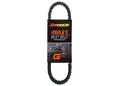 SuperATV drive belt front view showing packaging and clear fitment information