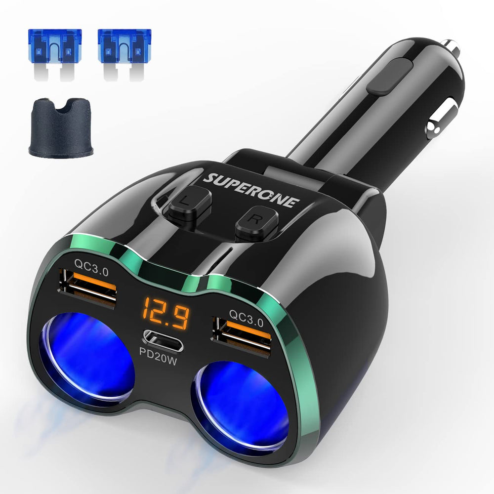 SUPERONE front view showing two sockets and three USB ports, enables multiple devices