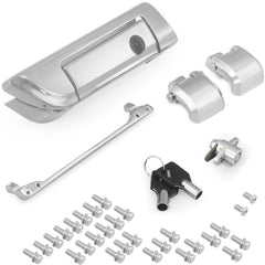 SWESGI front view of chrome trunk latch kit showing complete components and fit