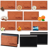 Swiffen front packaging showing eight wood scent discs and two clips, promotes convenience
