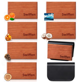 Swiffen front packaging showing six wood scent refills and clip for easy selection and storage
