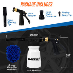 SwiftJet foam gun connected to garden hose, enables quick tool-free setup