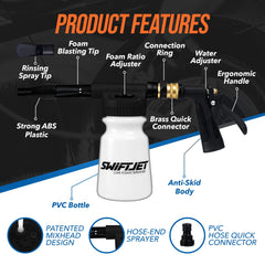 SwiftJet foam reservoir label and fill level visible, helps accurate soap mixing