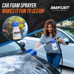 SwiftJet producing heavy foam coverage on a car to loosen grime and reduce scrubbing
