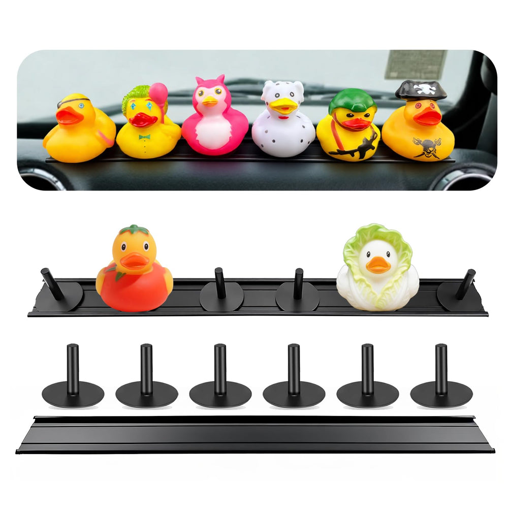 SWLOR aluminum duck holder front view showing slim rails and mounting tape for secure display
