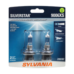 SYLVANIA 9006XS bulbs front view showing pair and packaging benefit clearer light