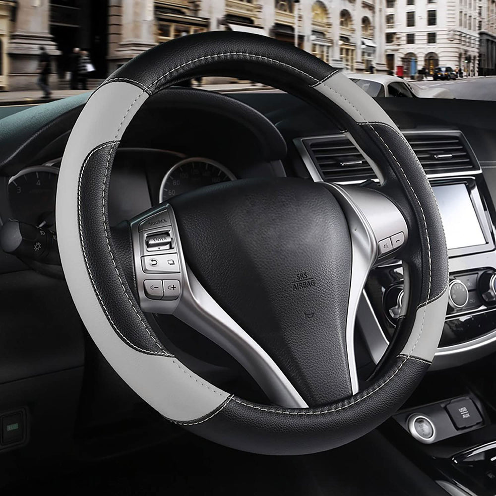 szttswamp front view of grey steering wheel cover shows fit and style for better grip