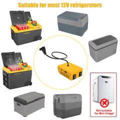 T-SUNiceM adapter close-up with Dewalt battery inserted for cordless fridge power