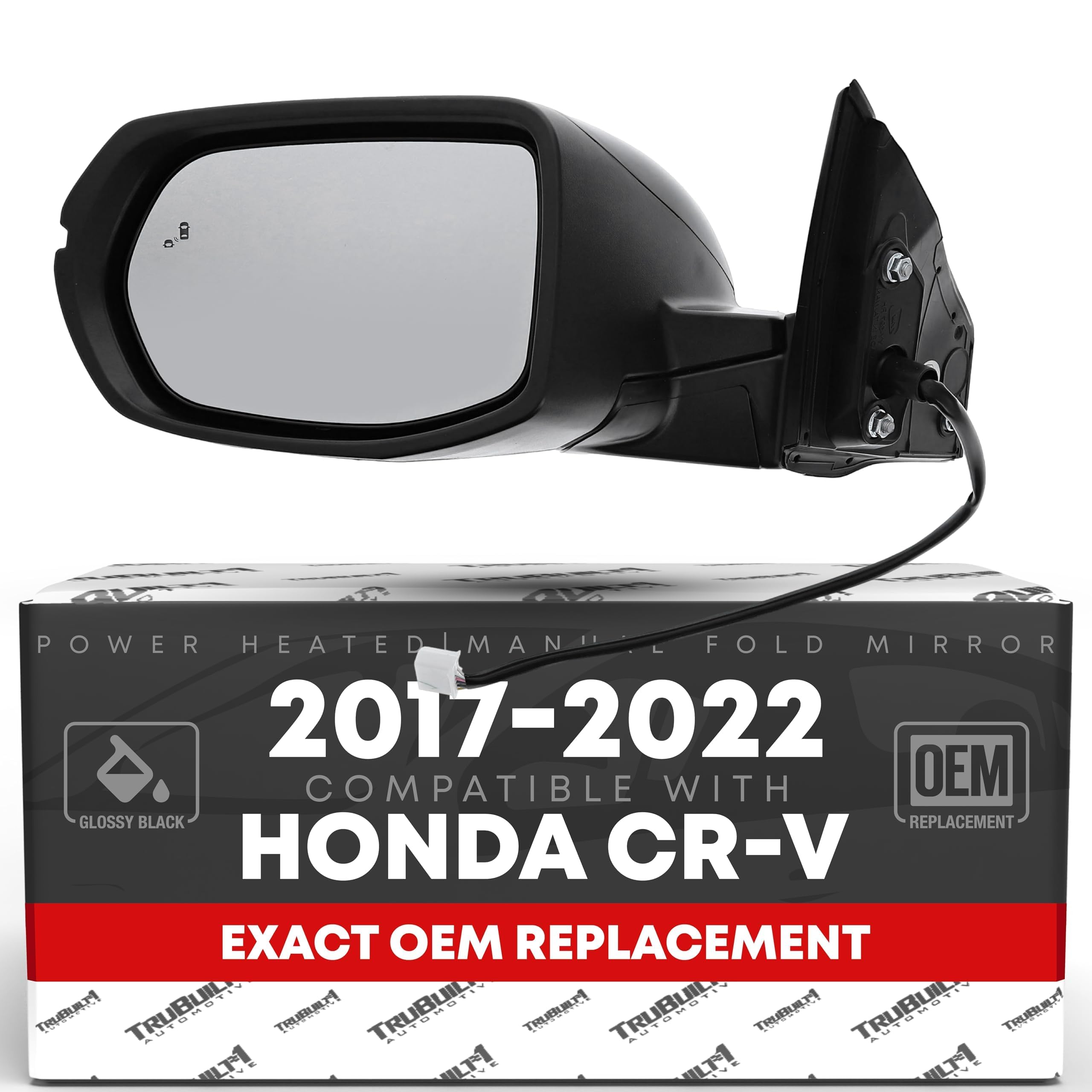 T1A driver side mirror front view showing smooth black finish and OEM fit benefit