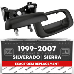 T1A tailgate handle front view showing smooth black finish and factory fit