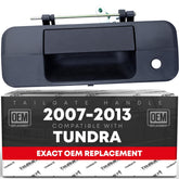 T1A tailgate handle front view showing mounting points and textured black finish benefit: precise OEM fit