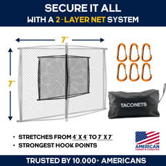TacoNets oversized locking carabiner detail highlighting secure attachment and anti-release benefit
