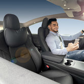 TANOLA front view on Tesla headrest showing neat leather finish and fit