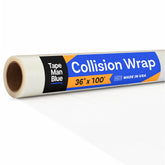 TapeManBlue roll front view showing clear crash wrap for quick sealing