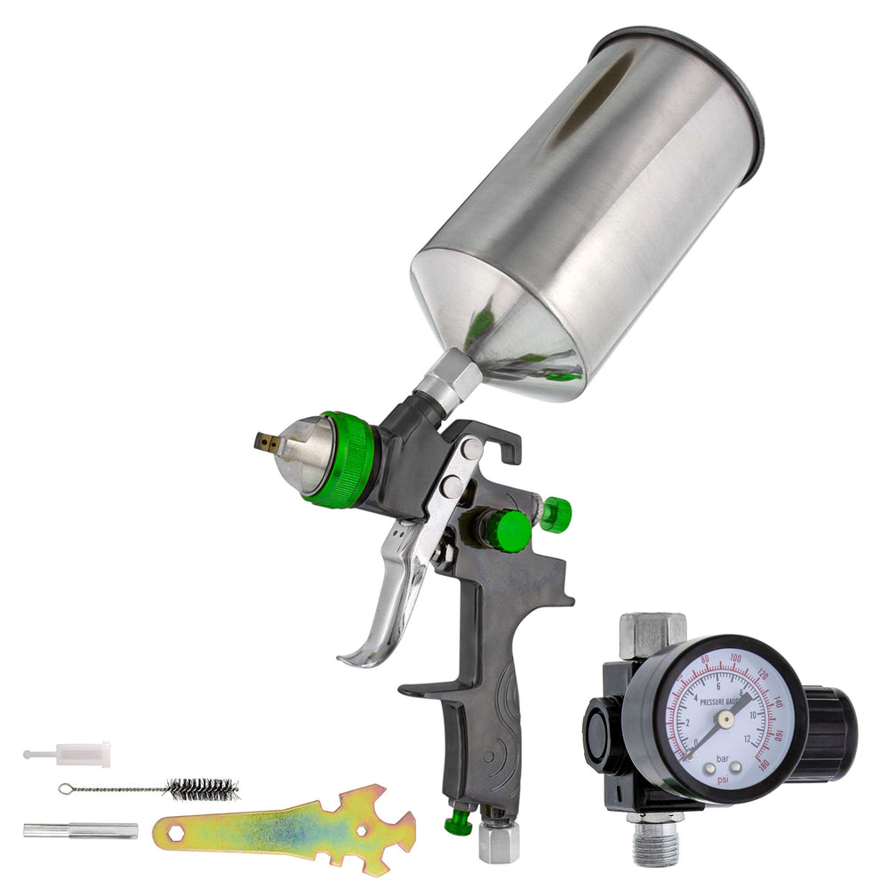 TCP Global front view of gravity feed spray gun showing ergonomic grip and body for comfortable control