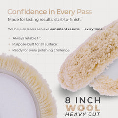 TCP Global wool pad mounted on backing plate in use demonstrating cutting action