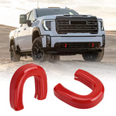 TECHPICCO red tow hook cover on Sierra front bumper showing bold accent and protection