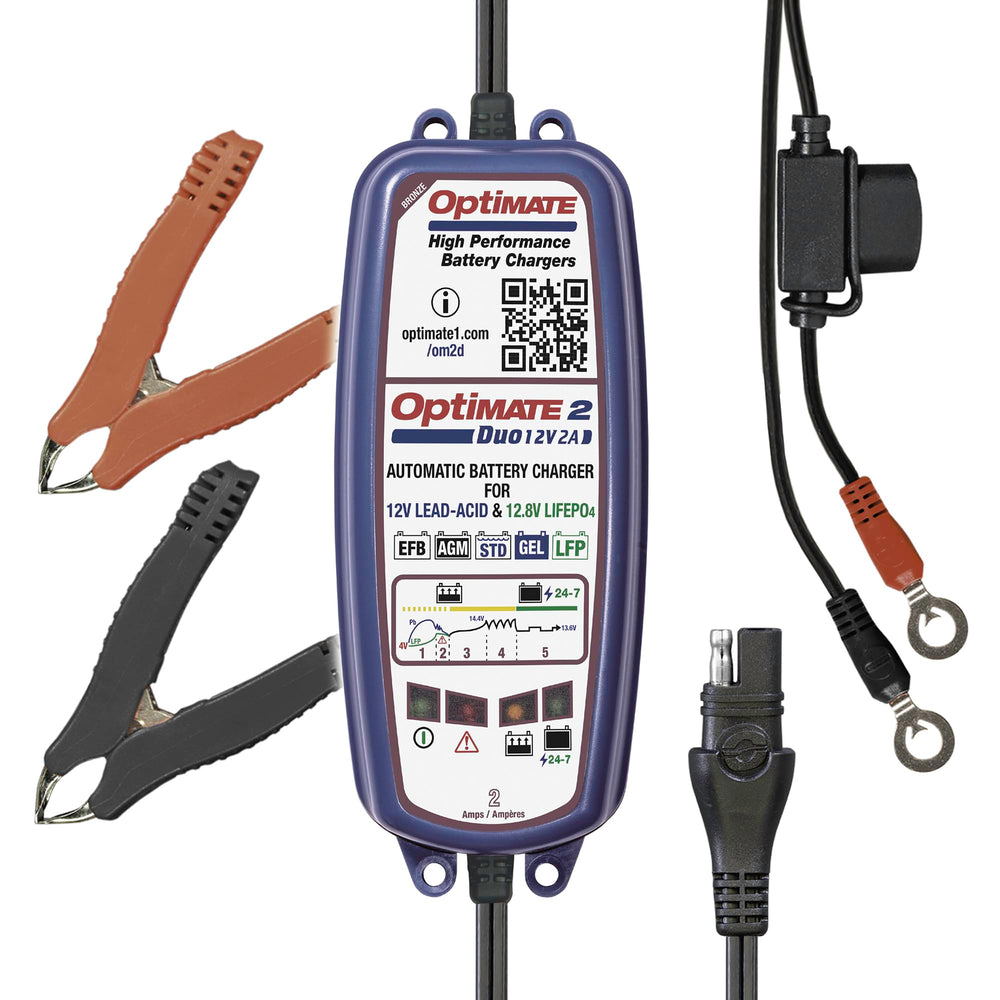 Tecmate OptiMate 2 Duo front view showing compact durable charger and benefits